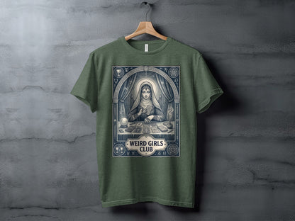 T-shirt graphic of a woman with tarot cards and celestial symbols.