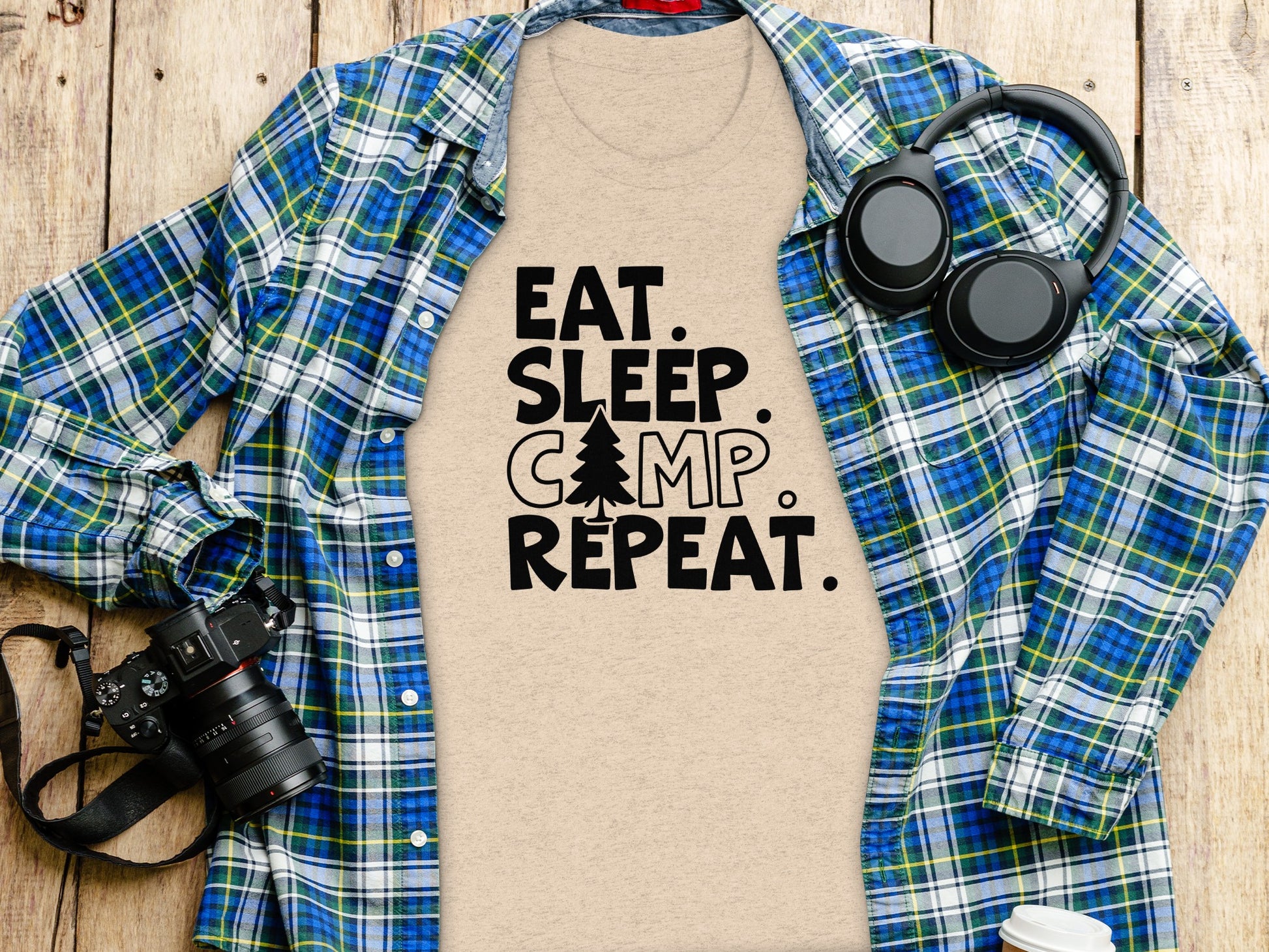 Eat Sleep Camp Repeat With Pine Tree Graphic T-Shirt T-Shirt - Outdoor & Adventure Collection - Mile Marker 16 Gear by Cloud 16 Clothing Co.
