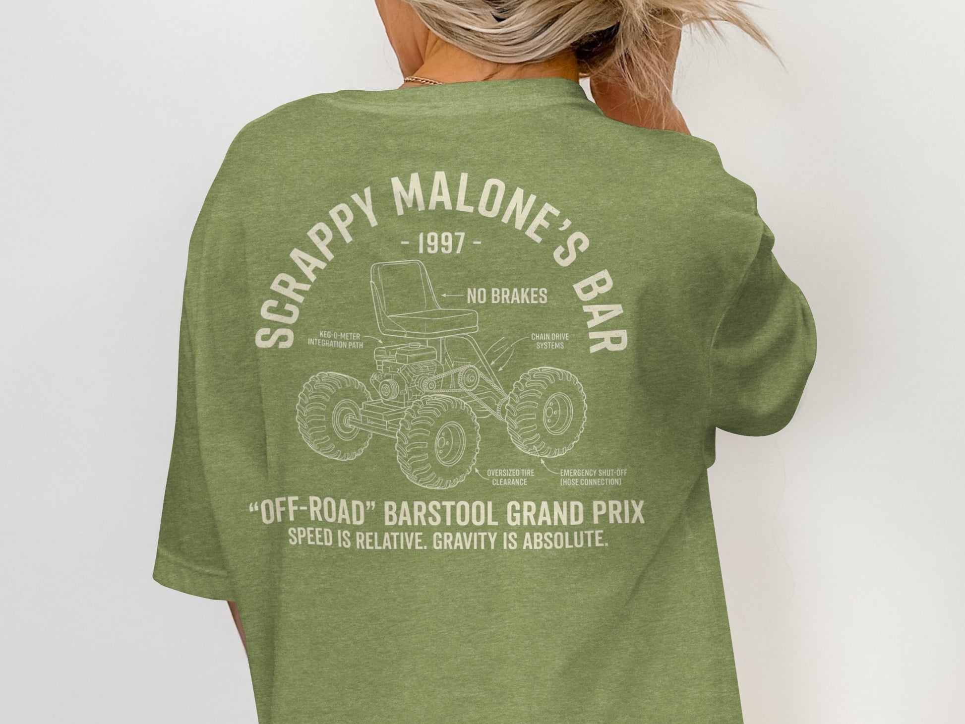 Green t-shirt with "Scrappy Malone's Bar" logo featuring a barstool on ATV tires.