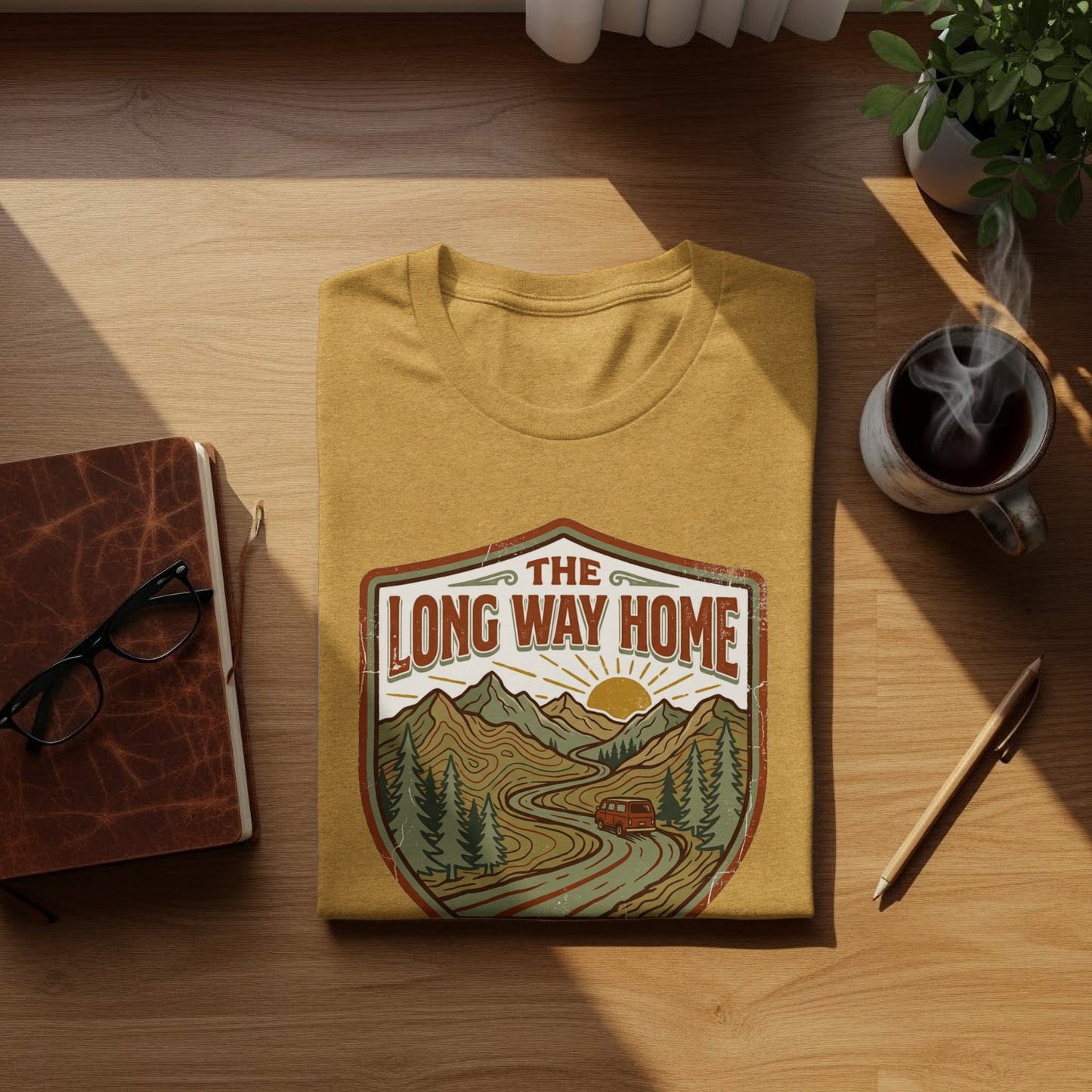 Rugged The Long Way Home | Vintage Adventure Wilderness Shirt: Mustard t-shirt with "The Long Way Home" outdoor landscape graphic.