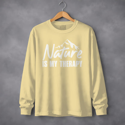 Nature Is My Therapy Mountain Graphic Text Long Sleeve T-Shirt Long Sleeve Tee - Outdoor & Adventure Collection - Mile Marker 16 Gear by Cloud 16 Clothing Co.