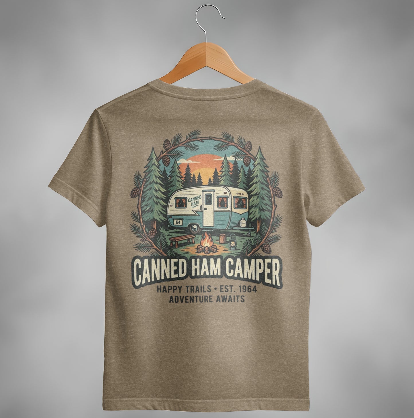 T-shirt back graphic with "Canned Ham Camper" and a vintage camper scene.