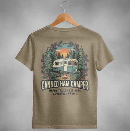 T-shirt back graphic with "Canned Ham Camper" and a vintage camper scene.