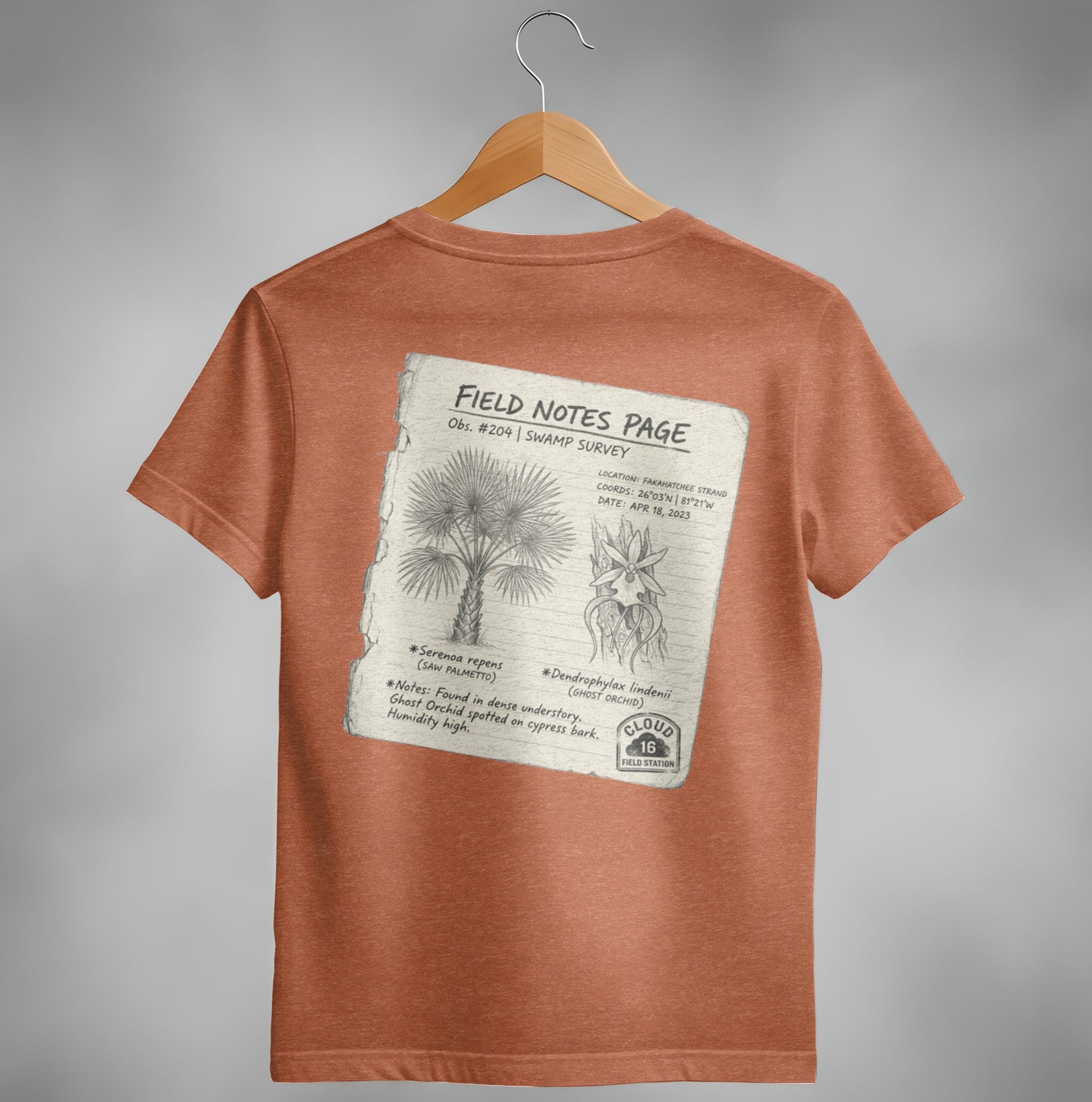 T-shirt with a field notes page detailing Saw Palmetto and Ghost Orchid findings.