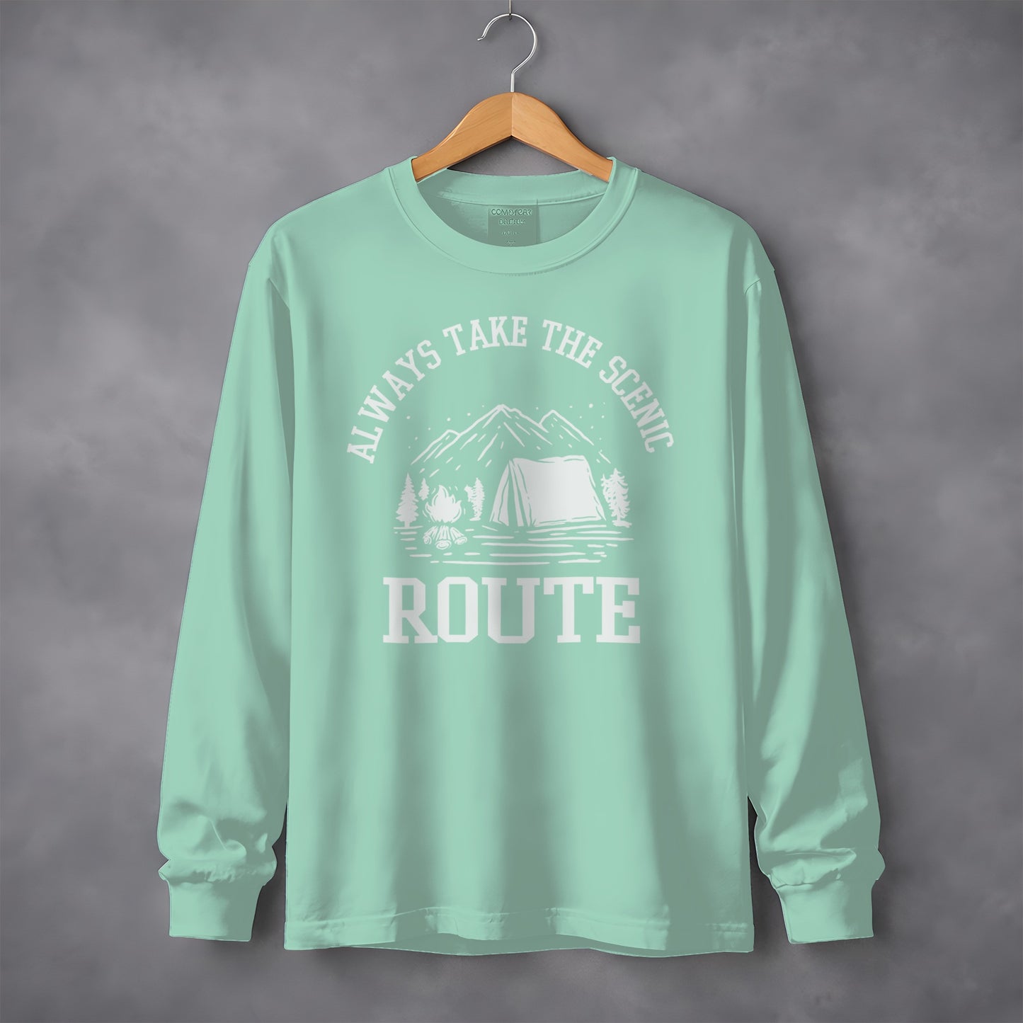Always Take The Scenic Route Camping Adventure Long Sleeve T-Shirt Long Sleeve Tee - Outdoor & Adventure Collection - Mile Marker 16 Gear by Cloud 16 Clothing Co.