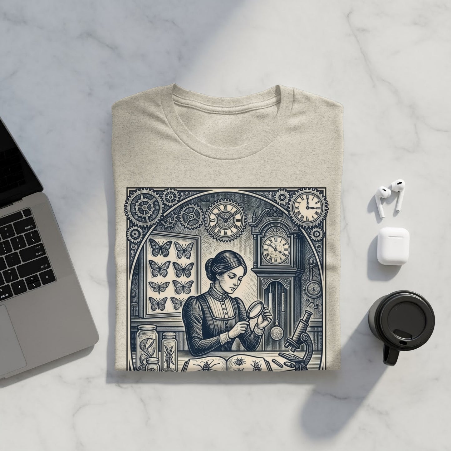T-shirt with vintage scientific illustration of a woman examining insects and butterflies.