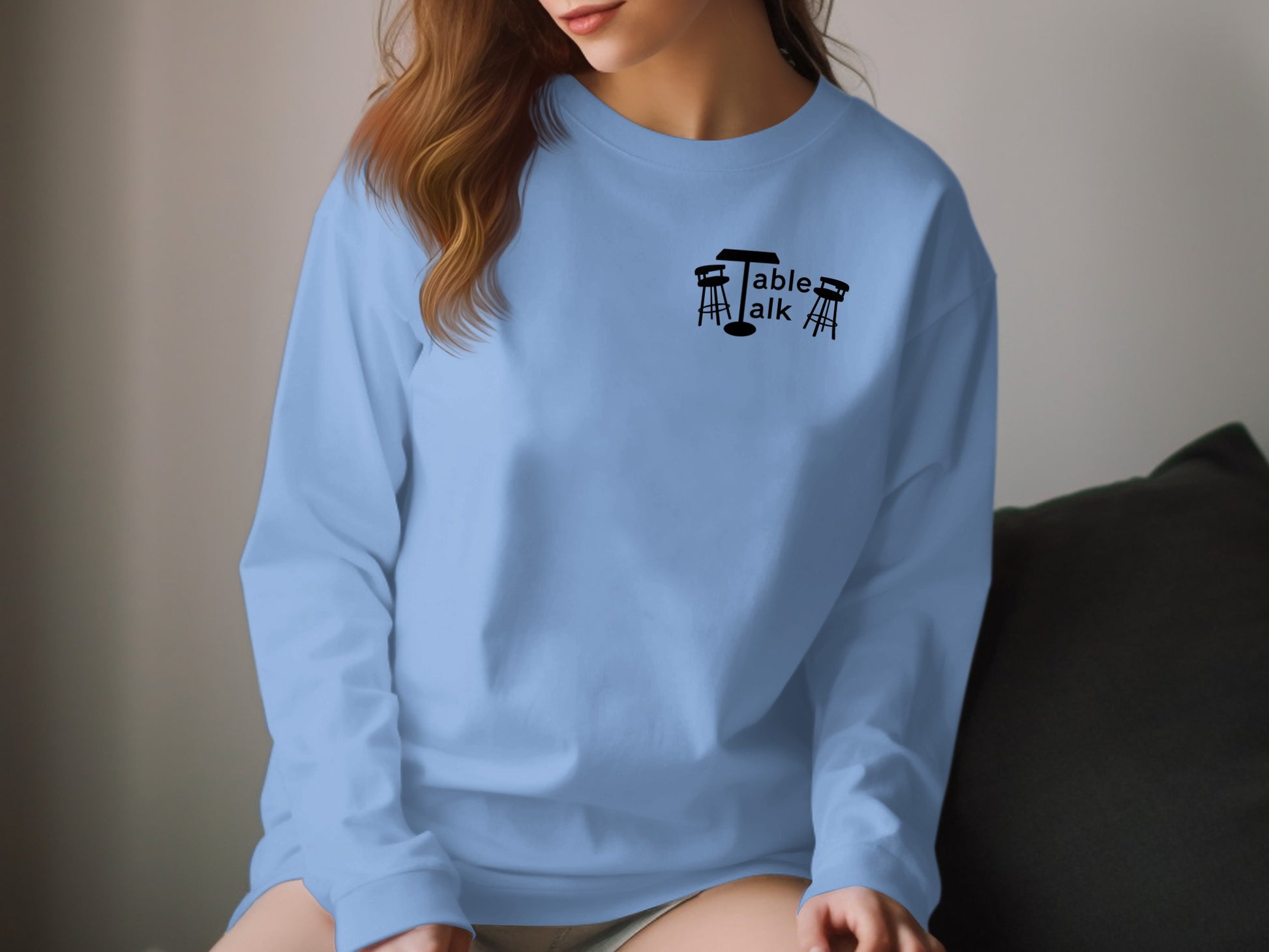 Casual Light Blue Table Talk Graphic Long Sleeve Shirt