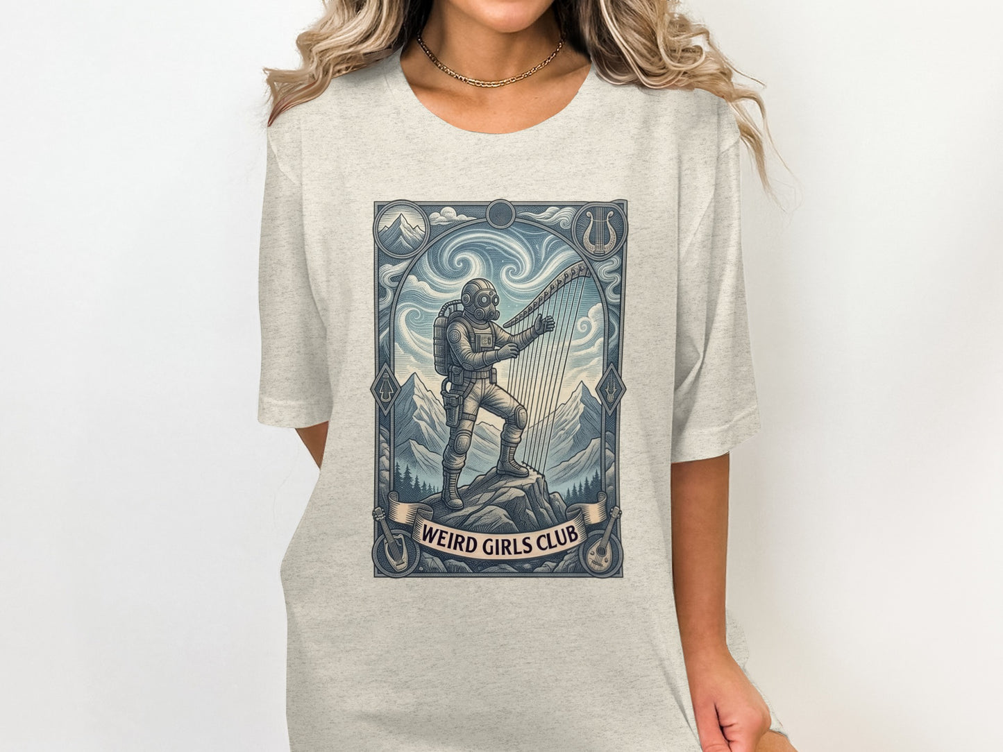 Astronaut playing a harp in a mountain landscape with "Weird Girls Club" banner.