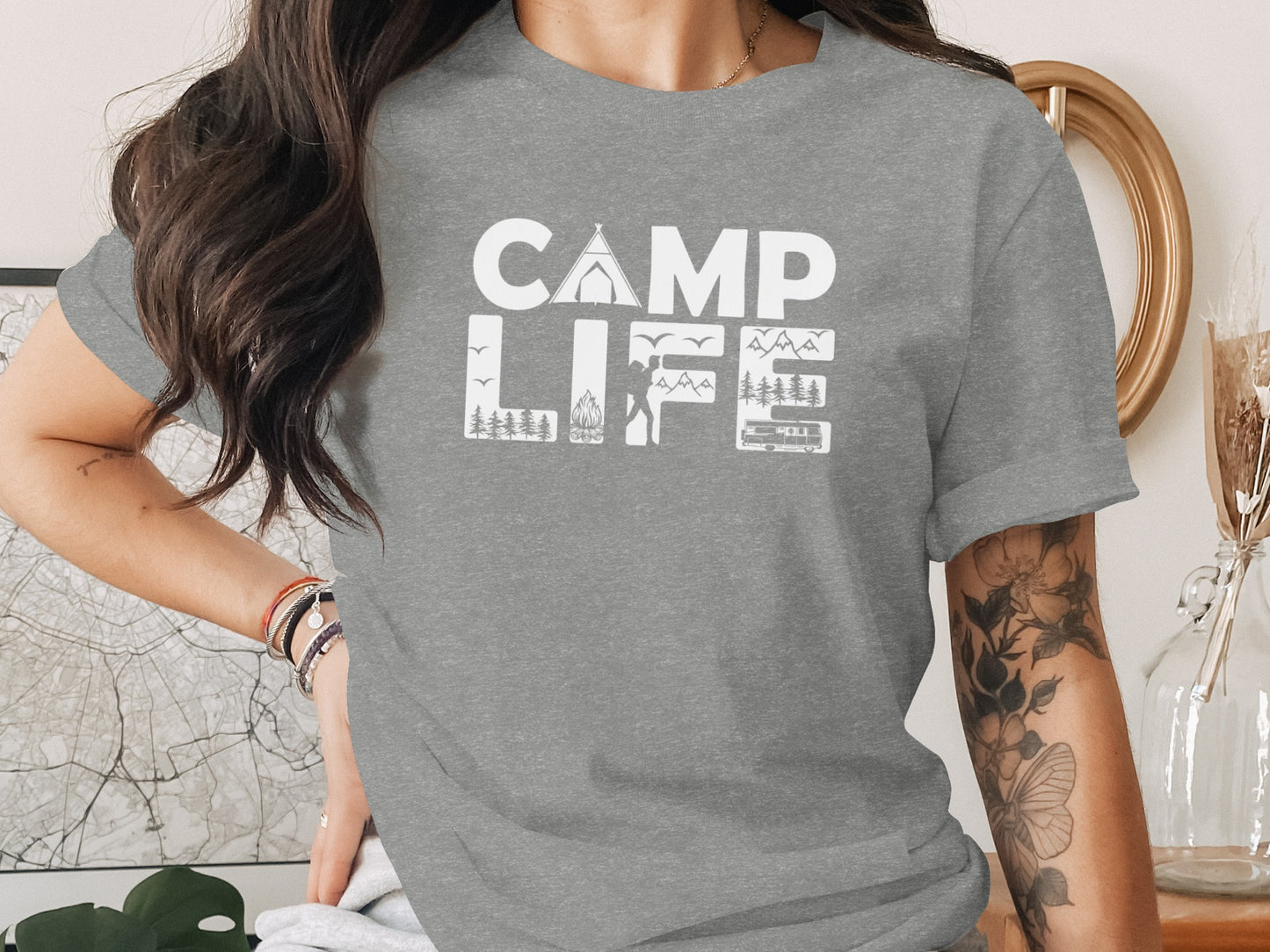 Camp Life Illustration with Tent and Fire Design T-Shirt T-Shirt - Outdoor & Adventure Collection - Mile Marker 16 Gear by Cloud 16 Clothing Co.