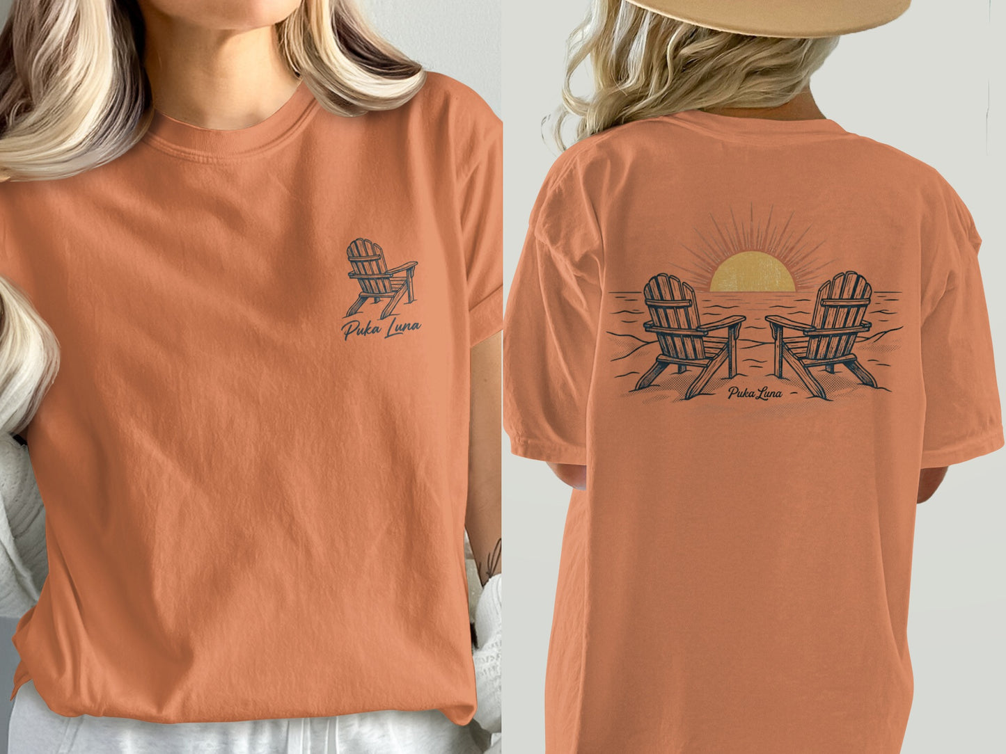 Orange t-shirt with Puka Luna logo on front and beach chairs at sunset graphic on back.