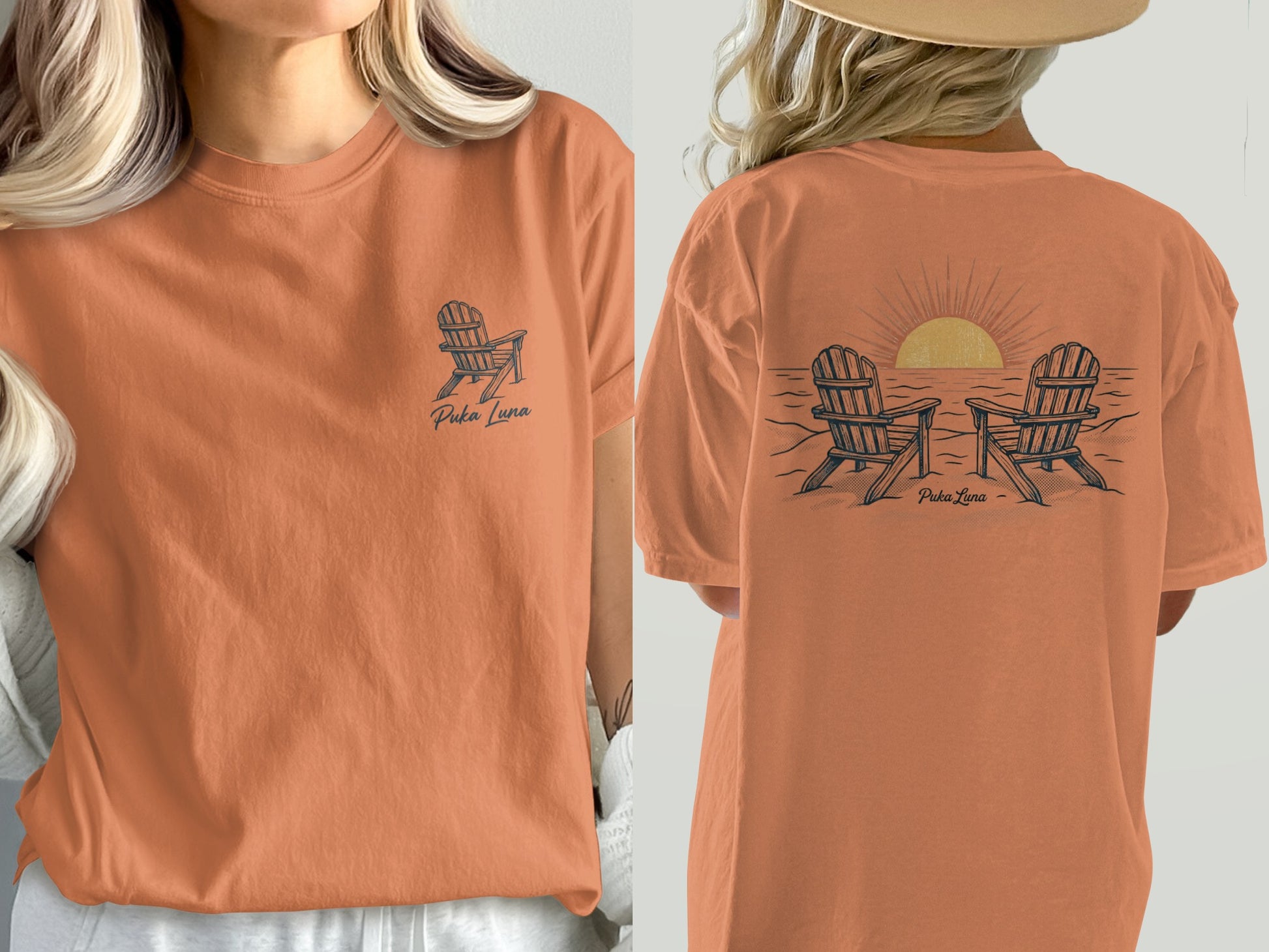 Orange t-shirt with Puka Luna logo on front and beach chairs at sunset graphic on back.