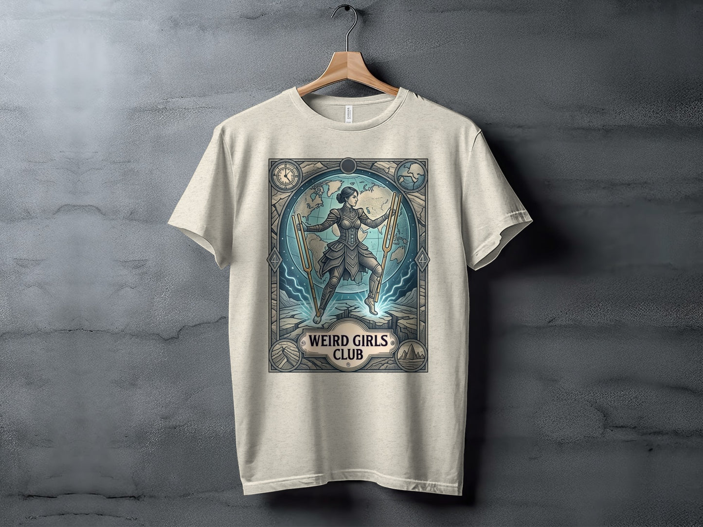 Graphic tee with woman in armor and "Weird Girls Club" text.