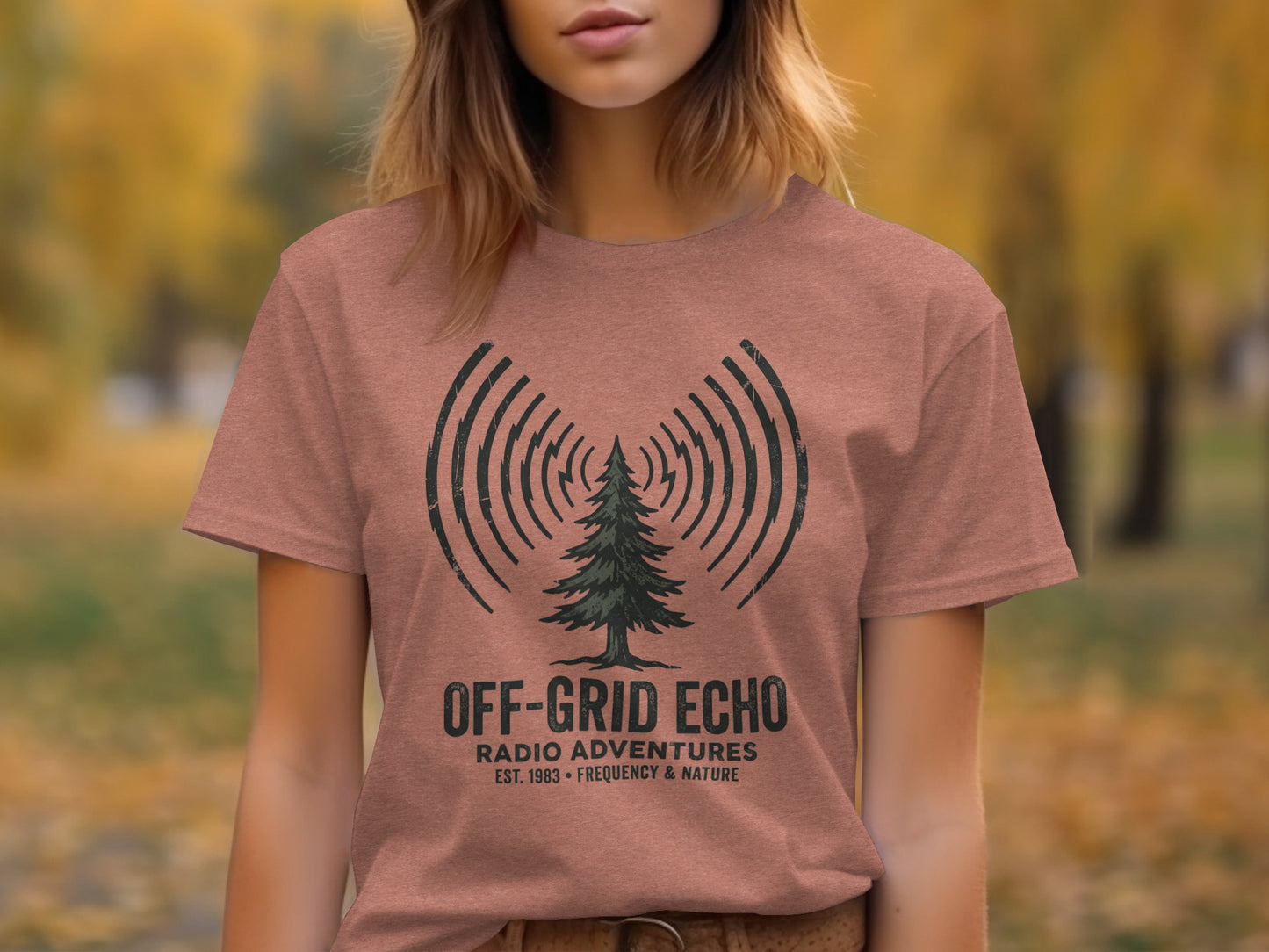 Off-Grid Radio Adventures | Vintage Outdoor Apparel: "Off-Grid Echo" t-shirt with a tree and radio waves graphic.