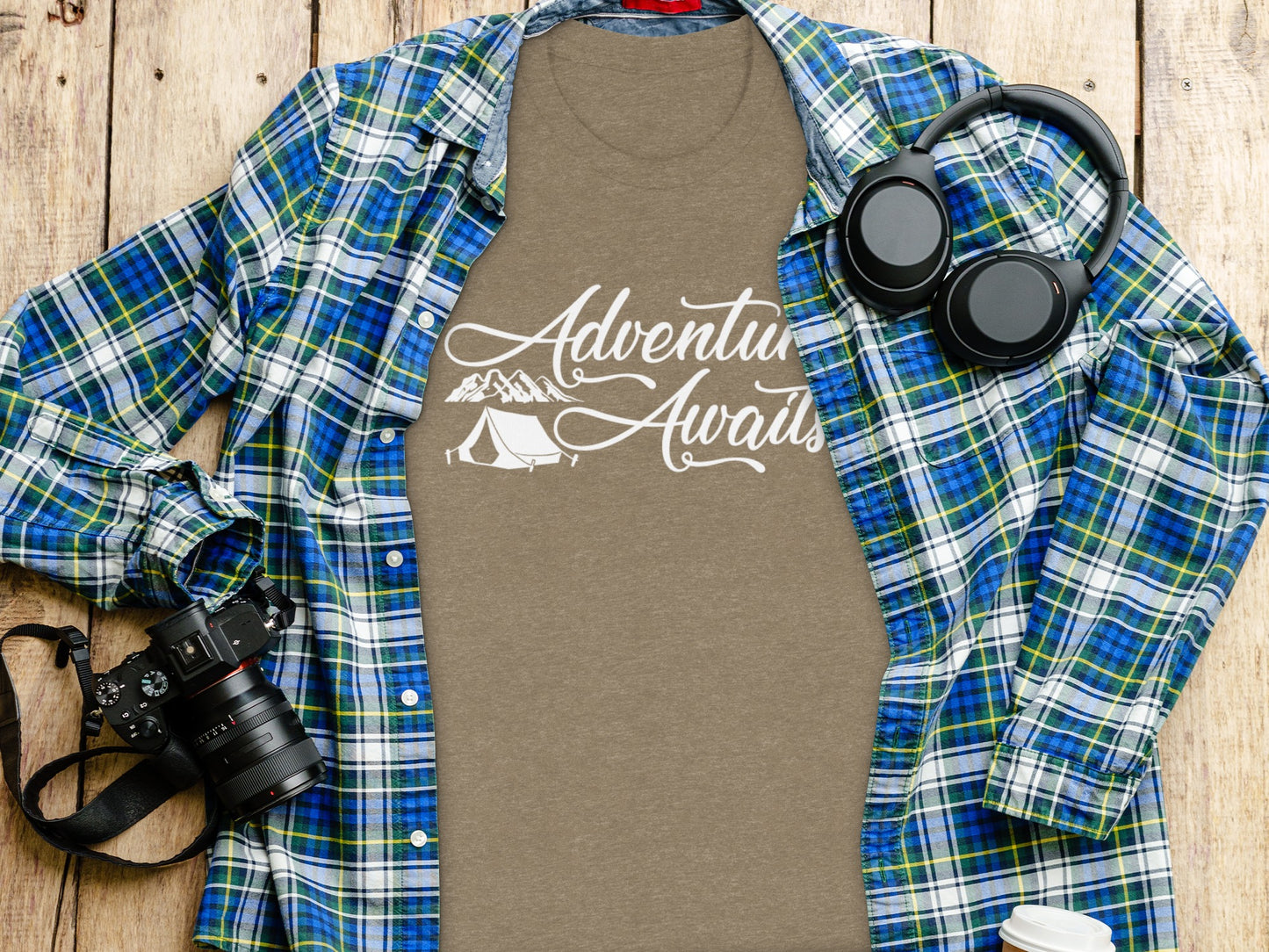 Adventure Awaits Tent Mountains Graphic Design T-Shirt T-Shirt - Outdoor & Adventure Collection - Mile Marker 16 Gear by Cloud 16 Clothing Co.