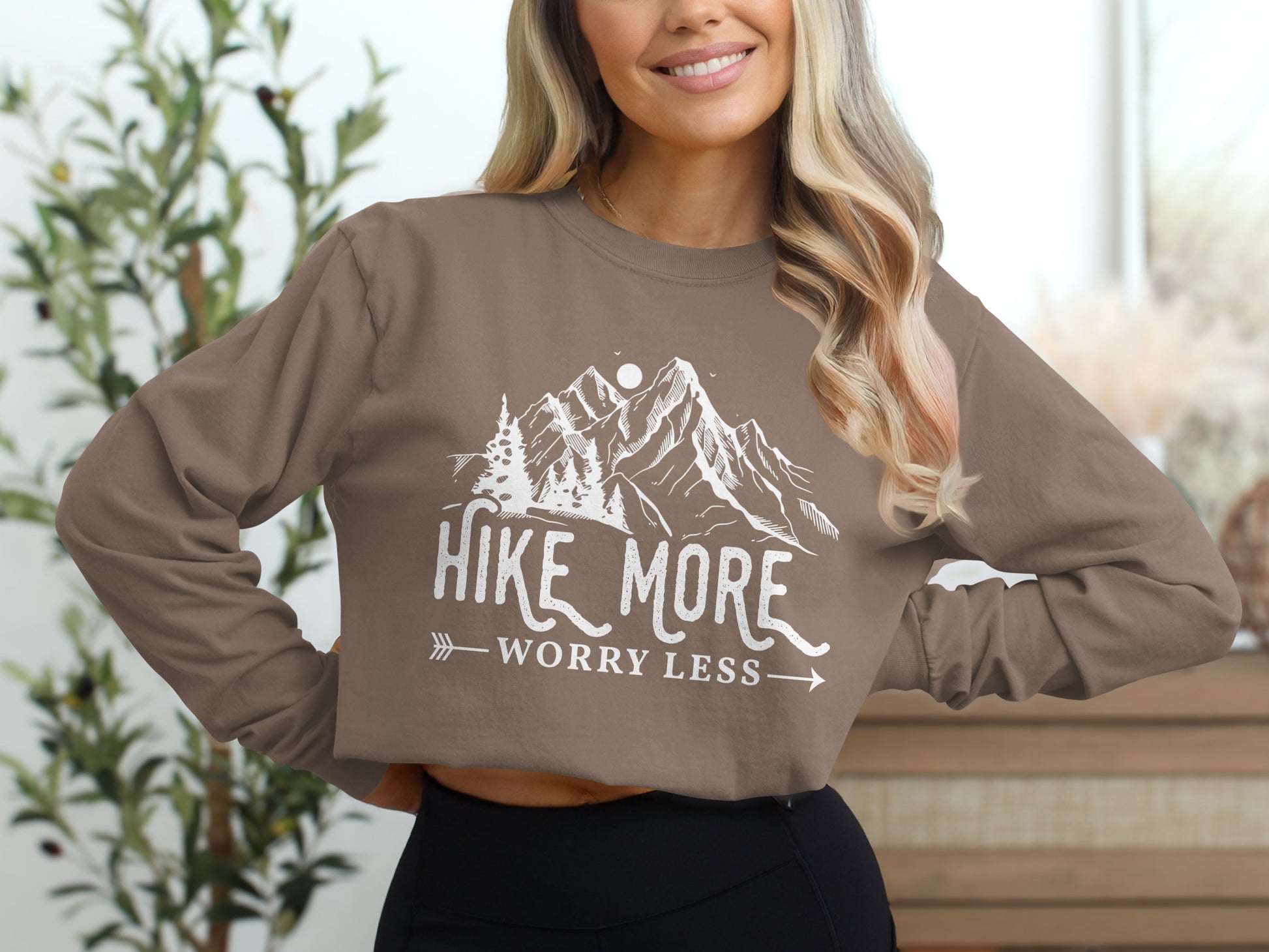 Hike More Worry Less Mountain Design Funny Outdoor Long Sleeve T-Shirt Long Sleeve Tee - Outdoor & Adventure Collection - Mile Marker 16 Gear by Cloud 16 Clothing Co.