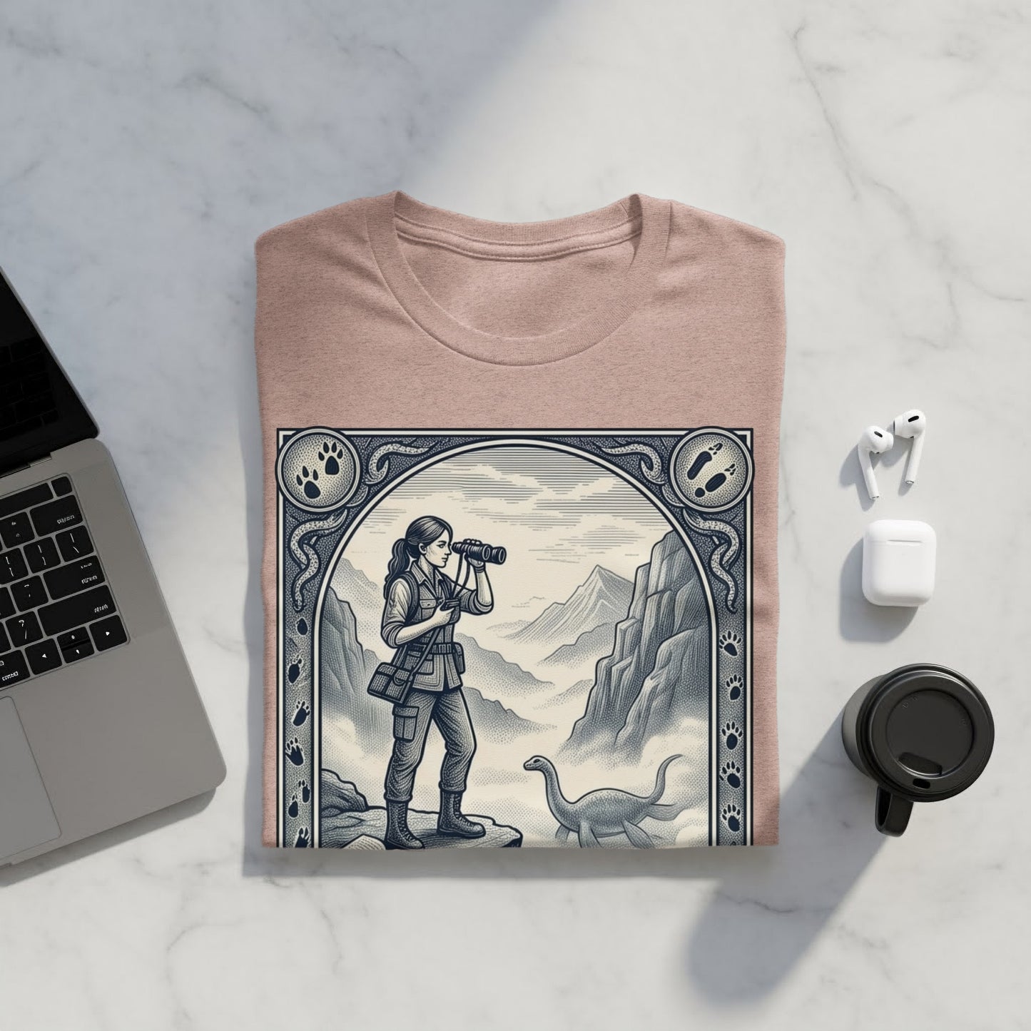 T-shirt with paleontologist viewing a dinosaur in a scenic mountain landscape.
