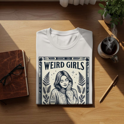 White t-shirt featuring "Weird Girls" text and woman holding a mug.