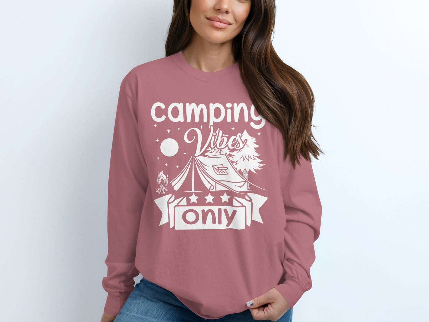 Camping Vibes Stars Only With Tent Graphic Long Sleeve T-Shirt Long Sleeve Tee - Outdoor & Adventure Collection - Mile Marker 16 Gear by Cloud 16 Clothing Co.