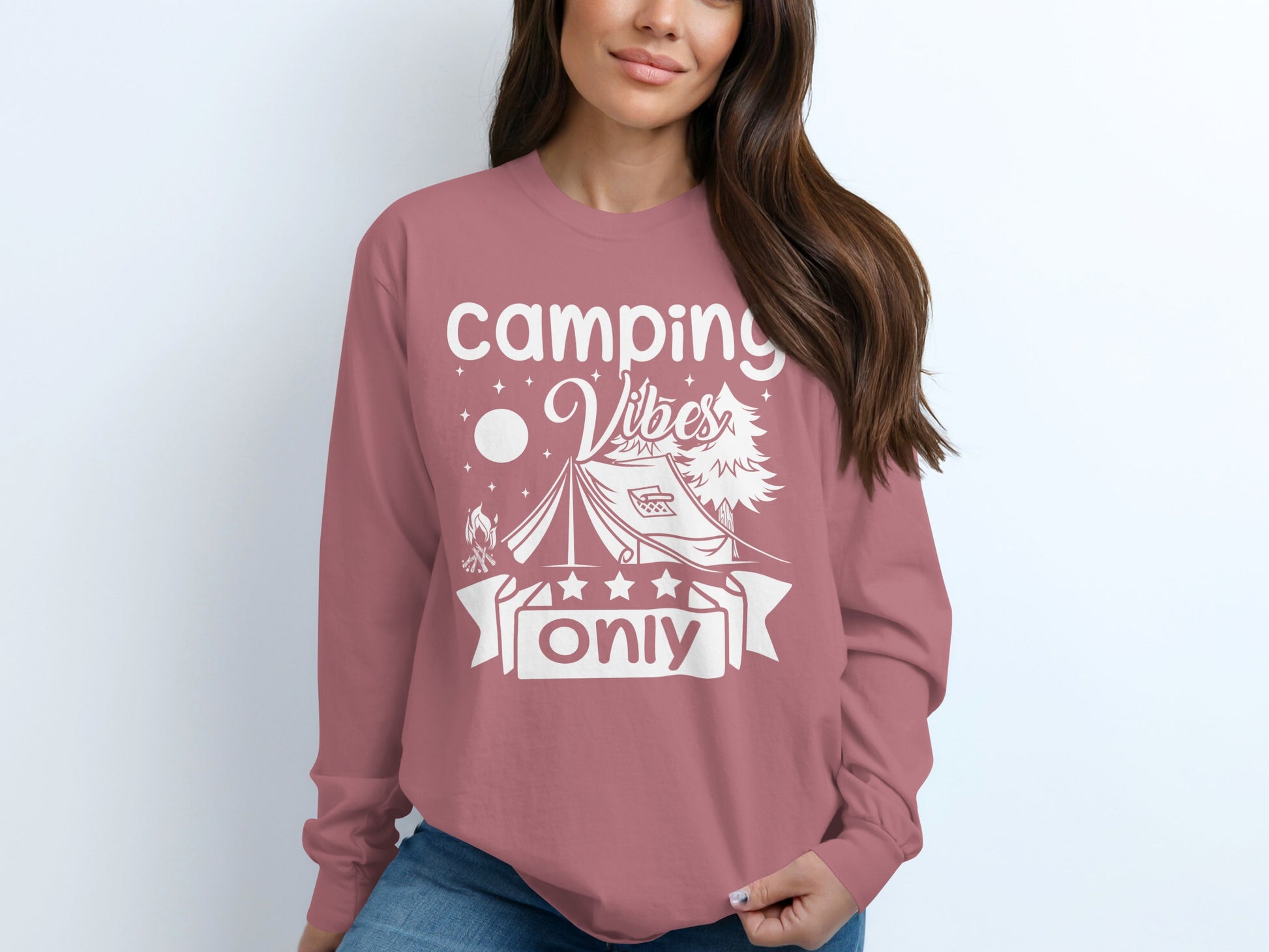 Camping Vibes Stars Only With Tent Graphic Long Sleeve T-Shirt Long Sleeve Tee - Outdoor & Adventure Collection - Mile Marker 16 Gear by Cloud 16 Clothing Co.