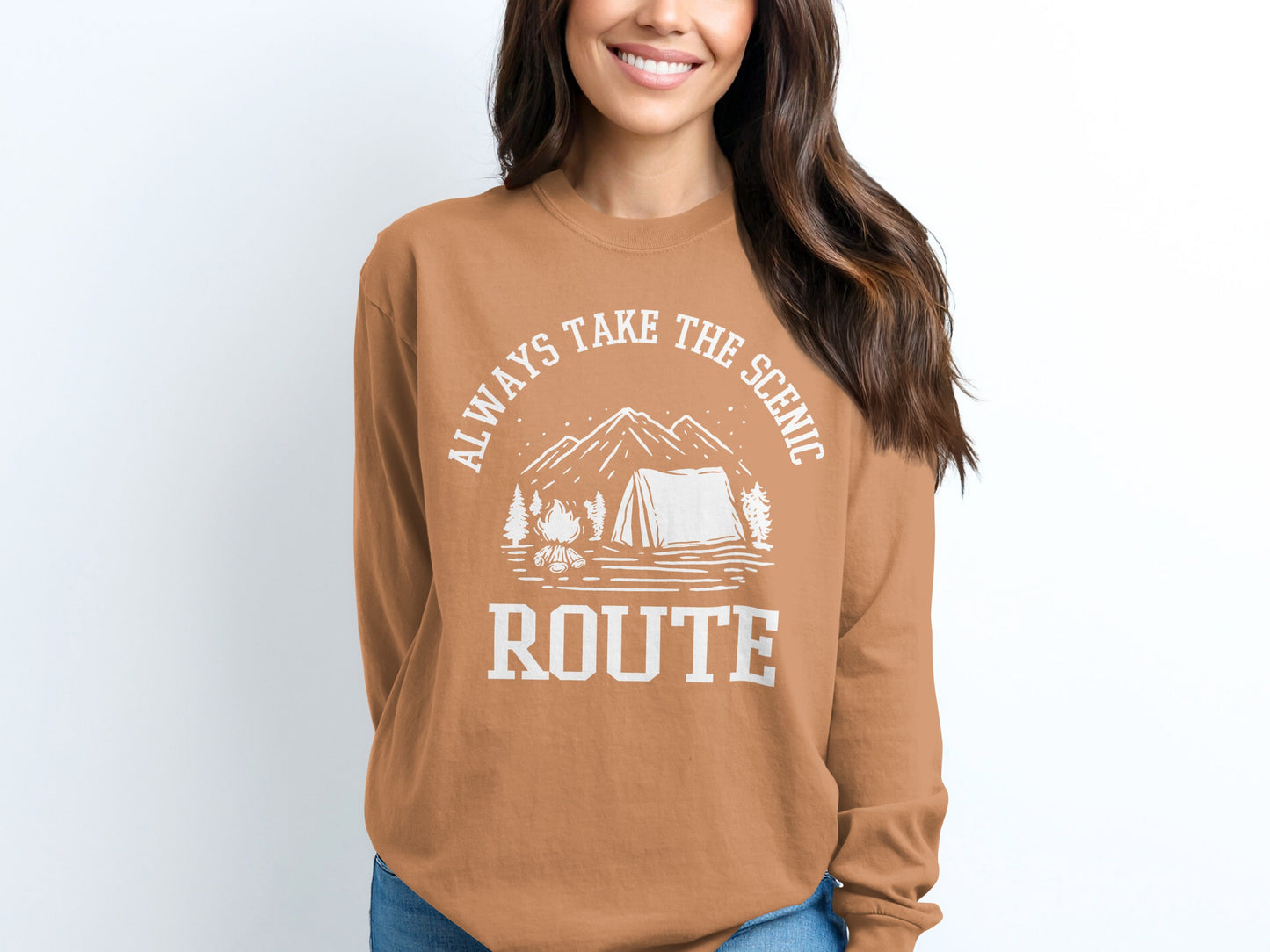 Always Take The Scenic Route Camping Adventure Long Sleeve T-Shirt Long Sleeve Tee - Outdoor & Adventure Collection - Mile Marker 16 Gear by Cloud 16 Clothing Co.