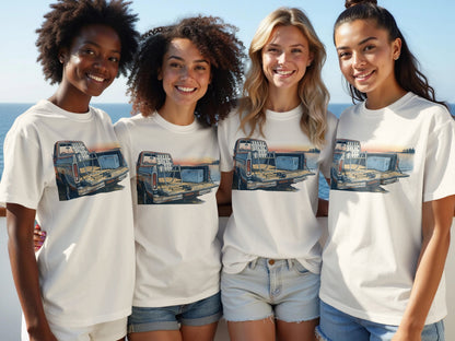 Four women in white t-shirts with a vintage truck graphic stand smiling.