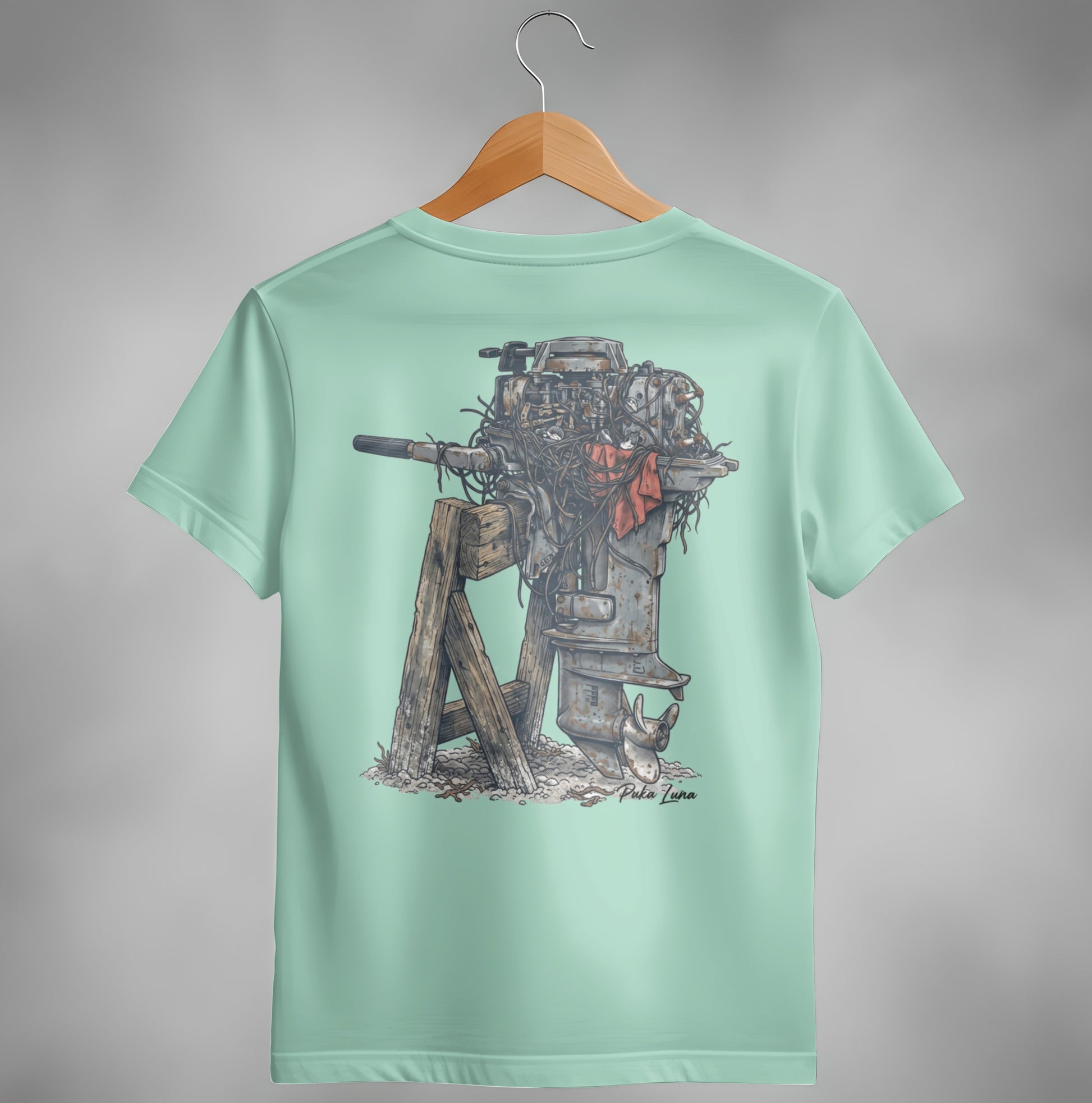 Vintage outboard boat motor on wooden stand, graphic on t-shirt.