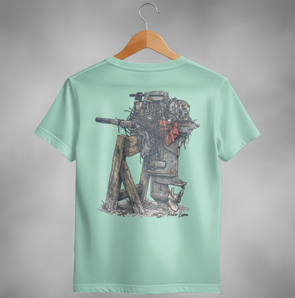 Vintage outboard boat motor on wooden stand, graphic on t-shirt.