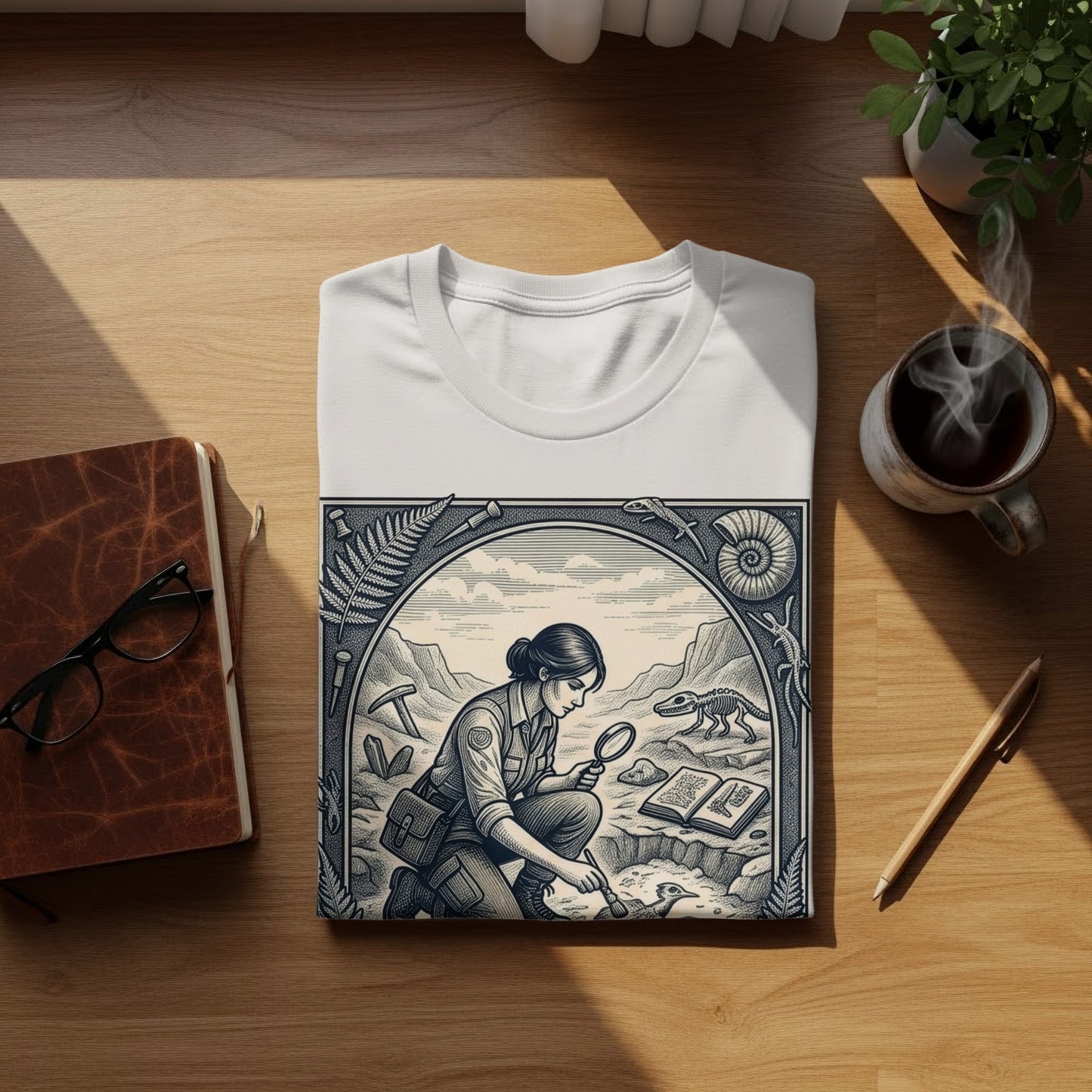 T-shirt with a graphic of a paleontologist examining fossils.