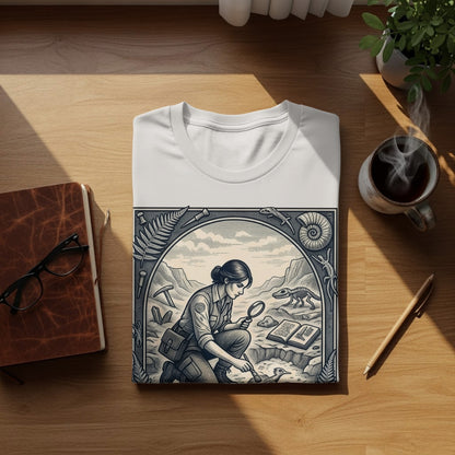 T-shirt with a graphic of a paleontologist examining fossils.