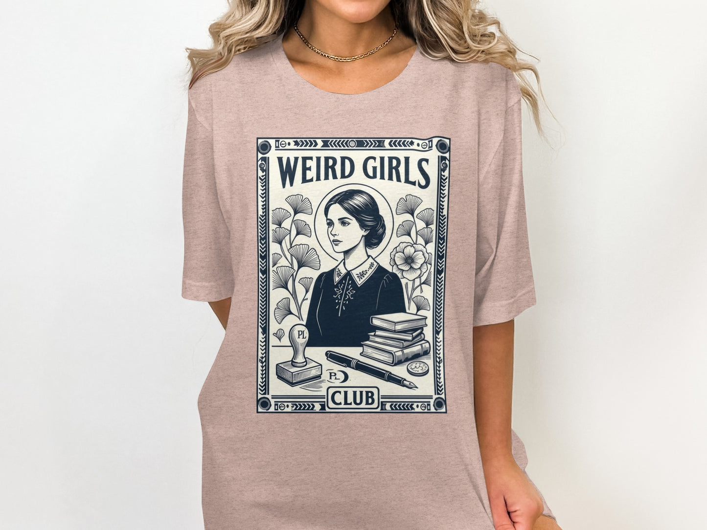 T-shirt with "Weird Girls Club" text, vintage illustration of a woman.