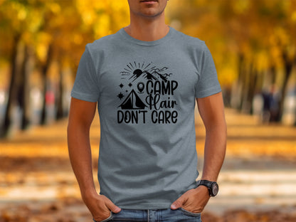 Camp Hair Dont Care with Mountain Scene Graphic T-Shirt T-Shirt - Outdoor & Adventure Collection - Mile Marker 16 Gear by Cloud 16 Clothing Co.