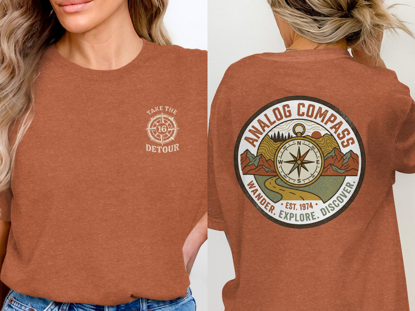 Orange t-shirt with "Analog Compass" and "Take the Detour" graphics.