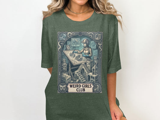 Green t-shirt with "Weird Girls Club" and geometric astronaut artwork.