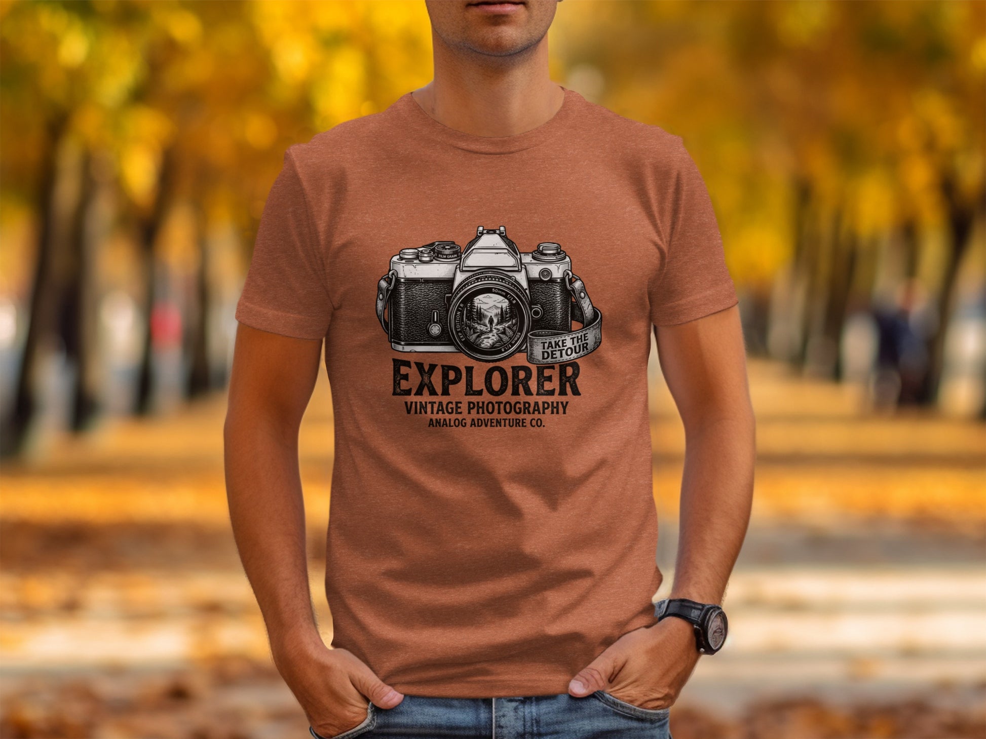 The Analog Explorer's Detour: Backcountry Outpost Shirt: T-shirt graphic featuring vintage camera, "Explorer," and "Analog Adventure Co."