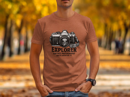 The Analog Explorer's Detour: Backcountry Outpost Shirt: T-shirt graphic featuring vintage camera, "Explorer," and "Analog Adventure Co."