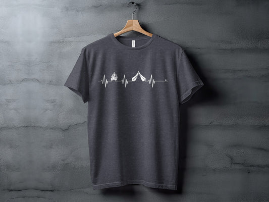 Camping Heartbeat With Tent Plus Fire Summer Camp T-Shirt T-Shirt - Outdoor & Adventure Collection - Mile Marker 16 Gear by Cloud 16 Clothing Co.