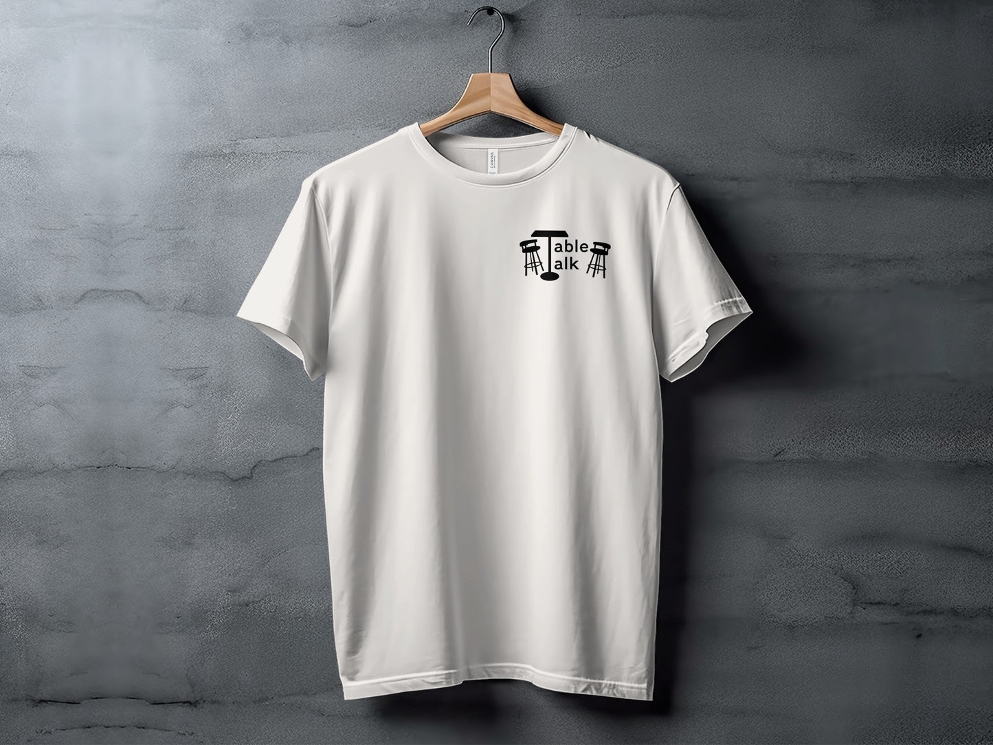 Trendy White T-Shirt with Unique Table Talk Graphic Design