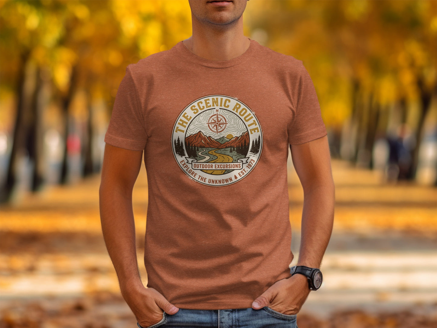 Heritage Scenic Route Vintage Explorer Tee Nomad Tee: Rustic t-shirt with "The Scenic Route" and mountain graphic.