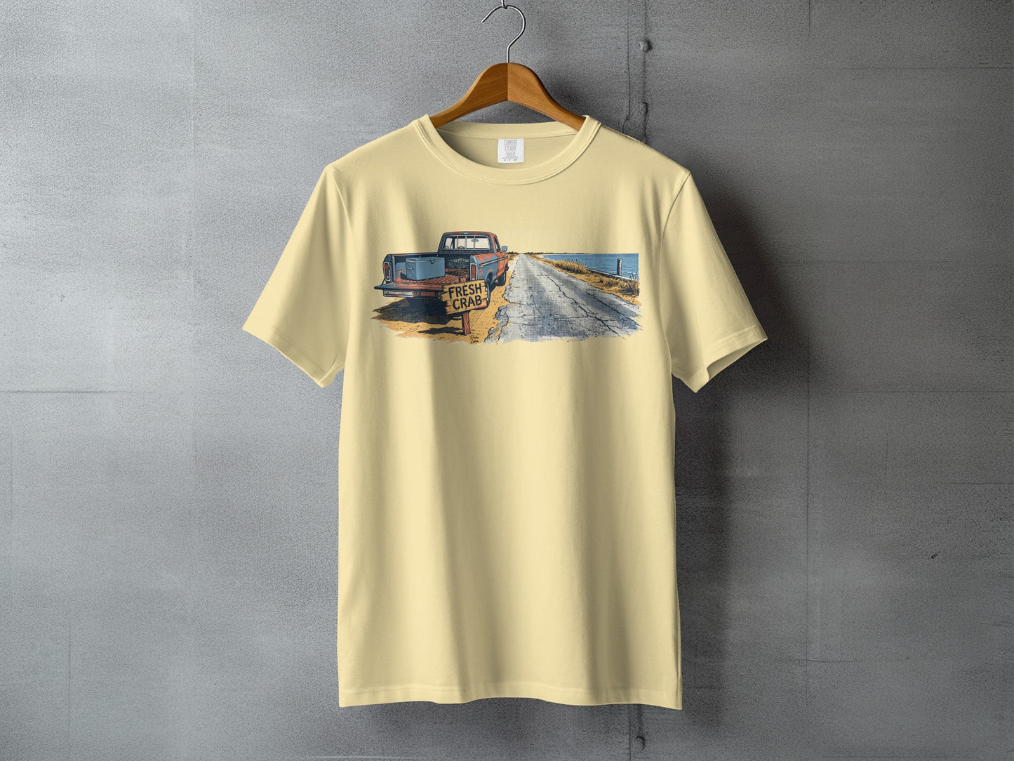 Cream t-shirt with vintage truck and "FRESH CRAB" sign graphic.