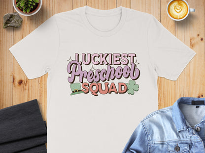 Luckiest Preschool Squad Graphic Tee with Clover Design