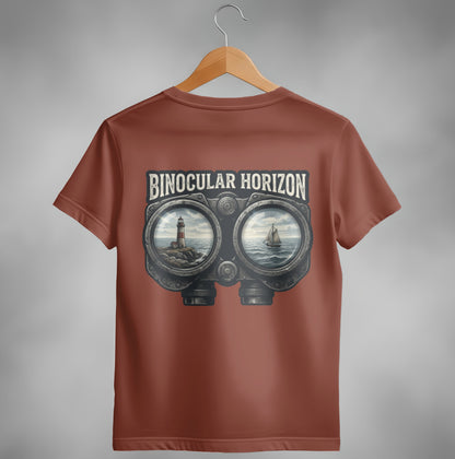Binocular view of a lighthouse and sailing ship, with text "Binocular Horizon."