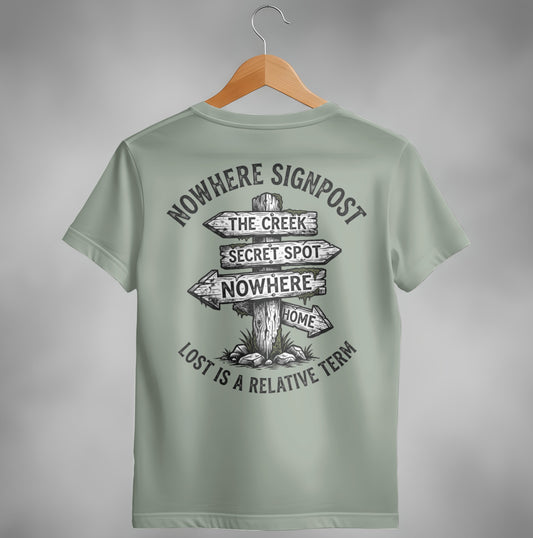 Shirt with "Nowhere Signpost" graphic showing directions to The Creek, Secret Spot, Nowhere, and Home.