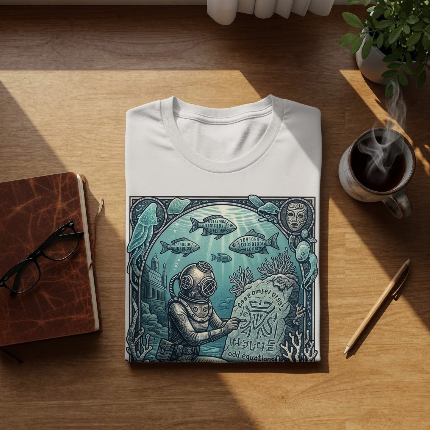 White t-shirt with diving helmet and underwater scene, featuring text.