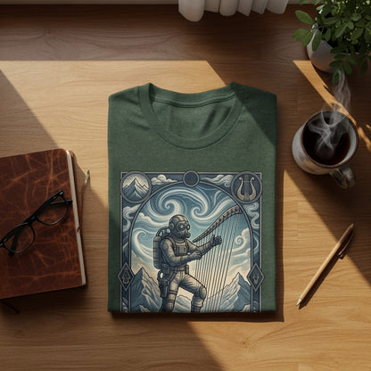 T-shirt featuring an astronaut playing a harp in a mountainous, cloudy landscape.