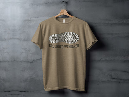 Grounded Wanderer Boot Print | Vintage Outdoor Apparel: Brown t-shirt with a distressed boot print and text "GROUNDED WANDERER".