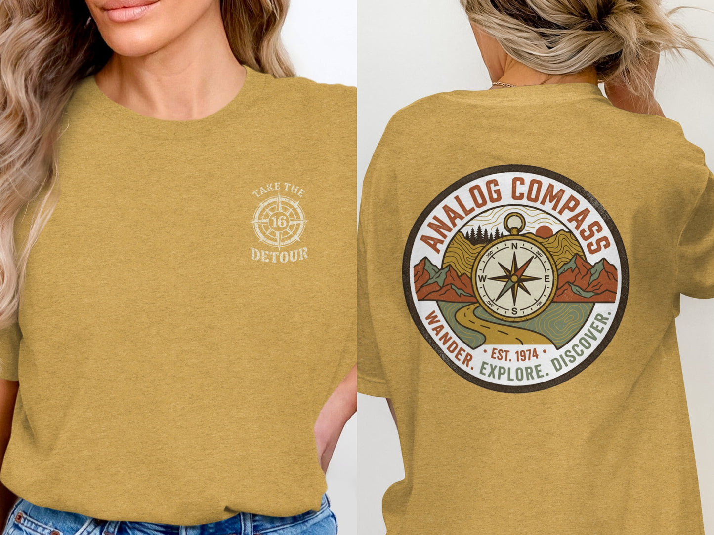 Yellow t-shirt with "Take the Detour" and compass graphic on front, "Analog Compass Wander. Explore. Discover. Est. 1974" on back.