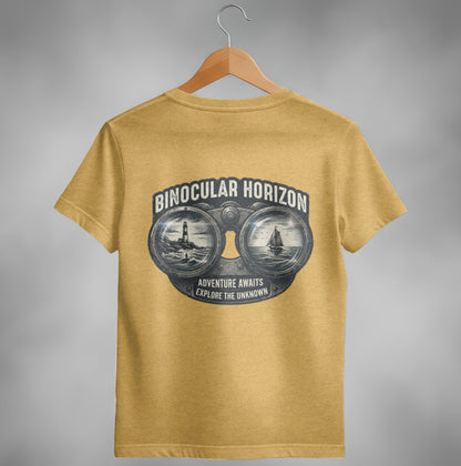 Yellow t-shirt with binoculars graphic, lighthouse, sailboat, and text.
