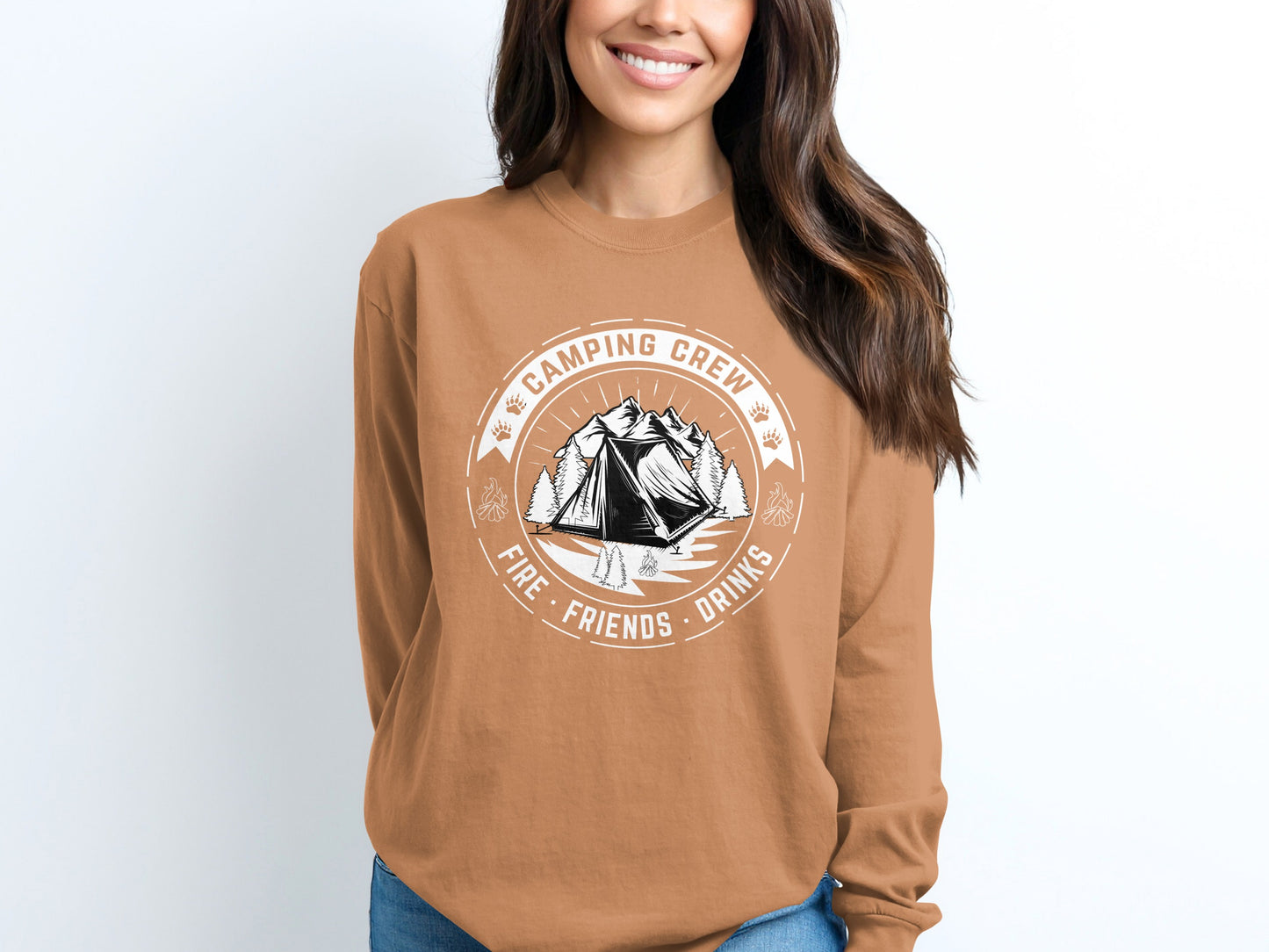 Camping Crew Fire Friends Drinks Graphic Sweatshirt