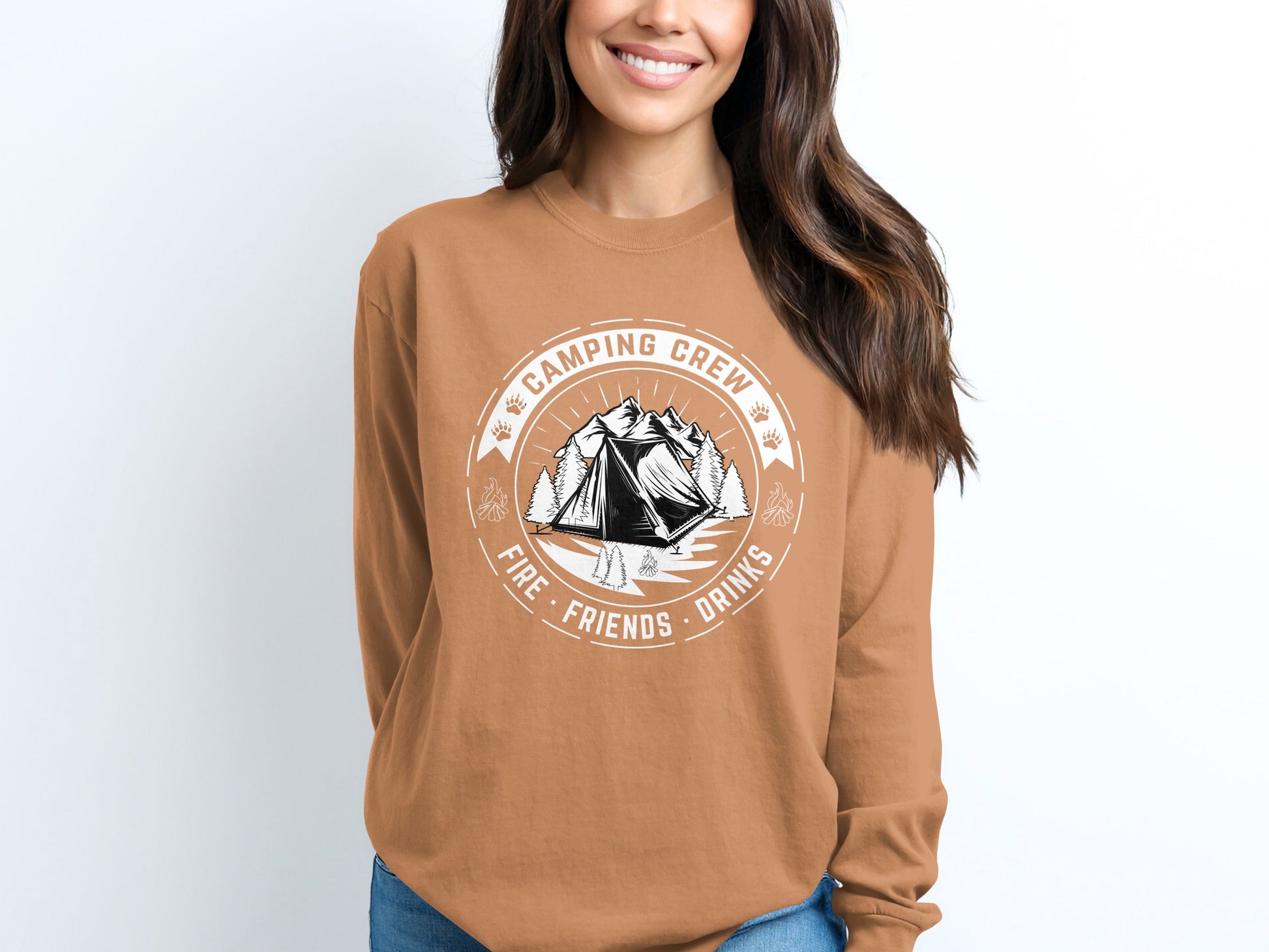 Camping Crew Fire Friends Drinks Graphic Sweatshirt