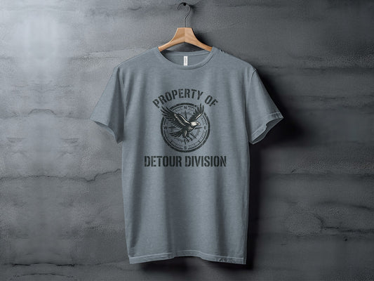 Rugged Detour Division Compass Eagle Tee Wilderness Shirt: Grey t-shirt with compass and "PROPERTY OF DETOUR DIVISION" text.